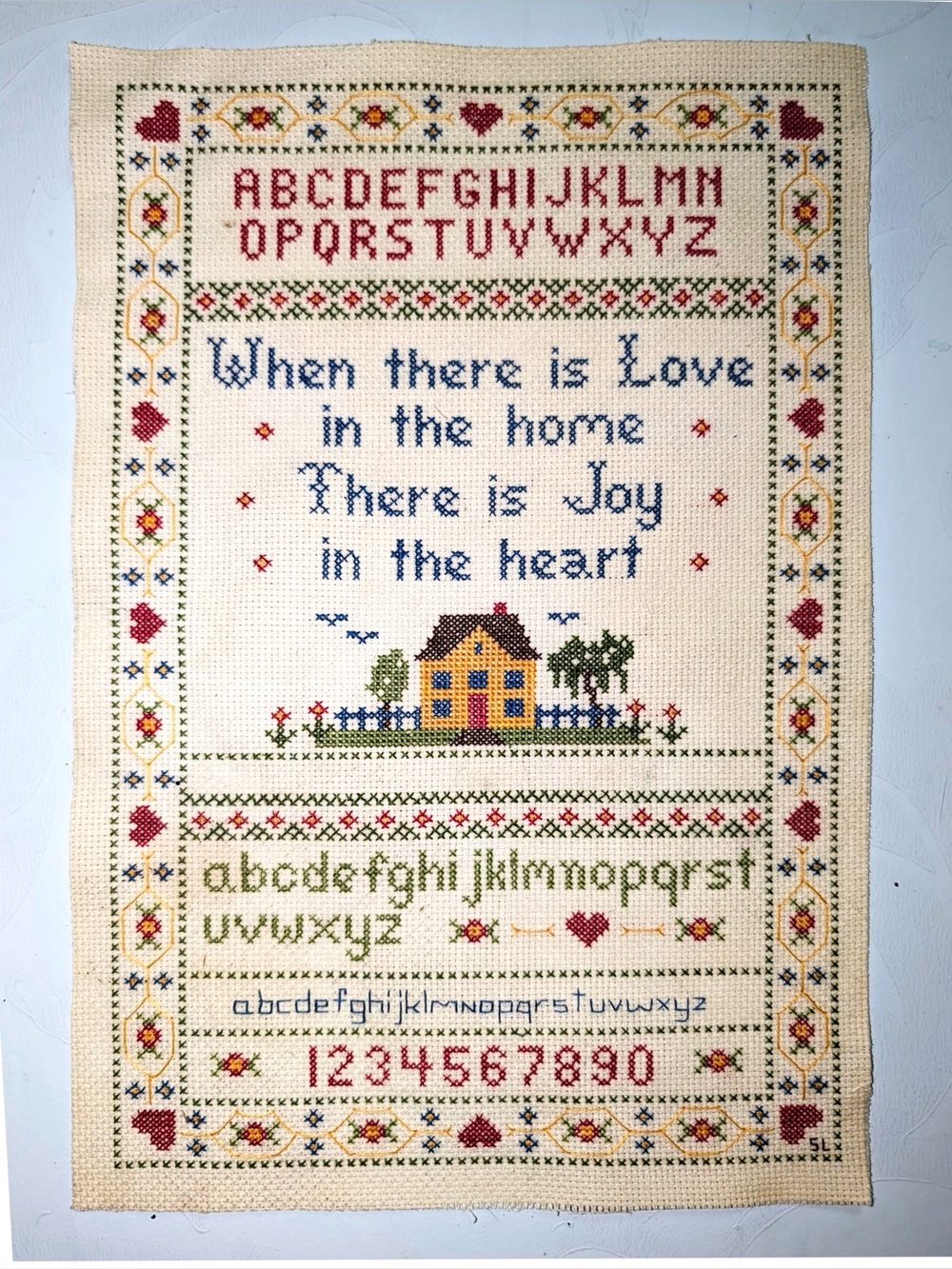 Vintage expert level mid 80’s Handcrafted Cross-Stitch Home Sampler 8.5 x 11”